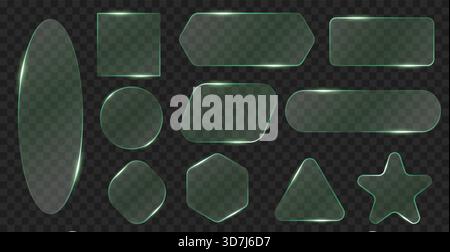 Transparent neon glass frames. Empty green planes for text, different geometric shapes, graphic design ui elements, glowing edges, rectangle, circle Stock Vector