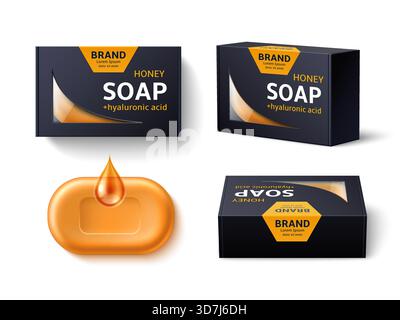 Realistic honey soap package design. Different angles view cardboard box, black premium design packaging. Hygiene antibacterial cleanser product Stock Vector