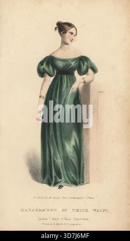 Portrait of a Victorian woman in high-waisted green dress exeggerating a full waist. The black belt worn high under the bust and long dress with straight silhouette exaggerates the thick waist. Before Portrait of a Victorian woman in high-waisted green dress exeggerating a full waist. The black belt worn high under the bust and long dress with straight silhouette exaggerates the thick waist. Before