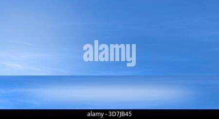 Conceptual display stage or platform rendered with blue sky and subtle wispy clouds, featuring smooth light blue horizon line and soft white glowing o Stock Photo