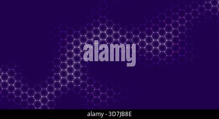Dark violet and purple background featuring complex abstract hexagonal mesh pattern connected by dotted lines and glowing bright white lights represen Stock Photo