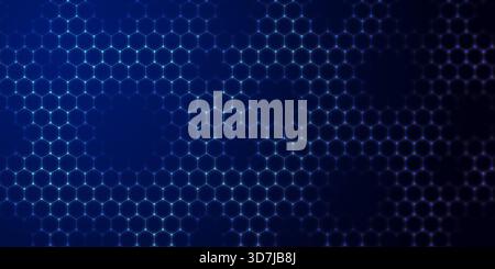 Dark blue background with glowing futuristic, high-tech hexagonal mesh pattern. Digital network grid features bright blue nodes symbolizing technology Stock Photo