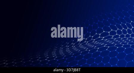 dynamic, dark blue background featuring futuristic undulating white and blue hexagonal mesh or wave. Digital pattern suggests data flow connectivity a Stock Photo