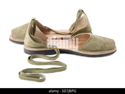 Pair of stylish khaki shoes isolated on white Stock Photo
