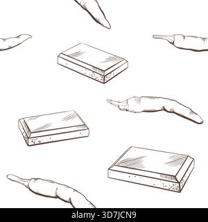 Vector chocolate bars with with hot pepper in black and white seamless pattern.Minimalist illustration for packaging, branding, food design, and print Stock Vector