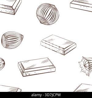 Vector chocolate bars with hazelnut with whole nuts in black and white seamless pattern.Minimalist illustration for packaging, branding, food design Stock Vector