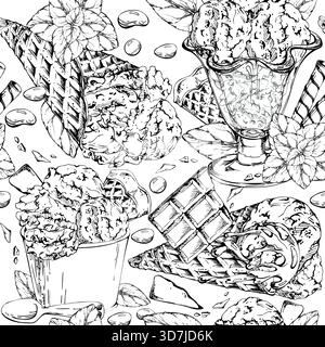 Waffle rolls, syrup drizzle topping on chocolate chip gelato in cone, plastic cup, glass dish hand drawn in ink. Vector graphic seamless pattern line Stock Vector