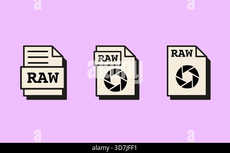 RAW image file icons with camera aperture symbol in retro vaporwave style. Uncompressed photo format for professional photography, digital camera, and Stock Vector