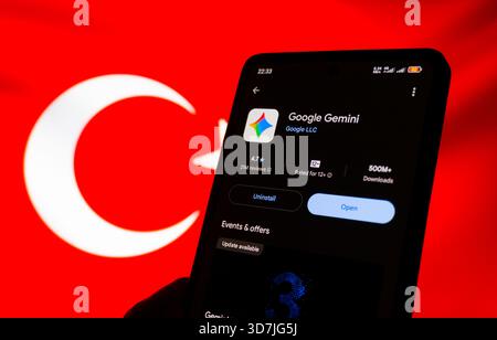 Google Gemini app on smartphone screen with the background of turkish flag. Technology and lifestyle concept photo. Stock Photo