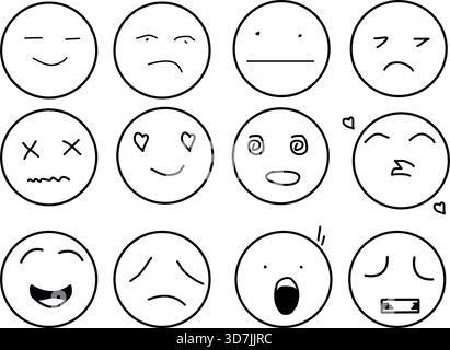 Minimalist emotion face icons in 3x4 grid showing happy, sad, love, dizzy, surprised, crying, confused, silenced, skeptical, neutral, kiss, content Stock Vector