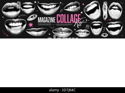 Collage lips and eye pack. Doodle and tear stickers with open mouth and grunge paper effect. Halftone collage magazine elements at the transparent bg Stock Vector