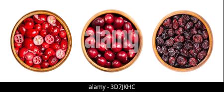 Fresh and dried large American cranberries, Vaccinium macrocarpon, in wooden bowls. Sliced and freeze-dried, fresh and ripe, dried and sweetened. Stock Photo