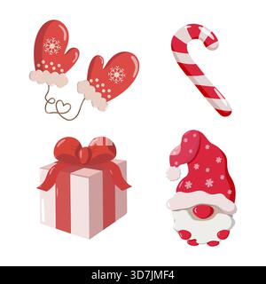 Set of four festive illustrations red mittens with snowflakes and heart-shaped string, striped candy cane, wrapped gift with red bow Stock Vector
