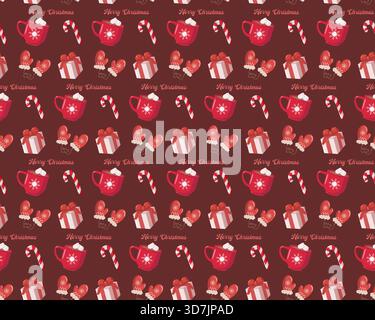 Seamless Christmas pattern featuring red mugs with marshmallows, candy canes, gift boxes, mittens, gingerbread cookies Stock Vector