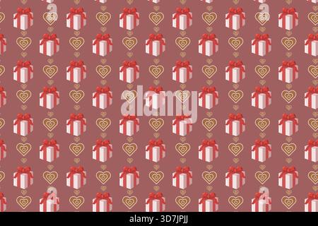 Seamless festive vector pattern of white gift boxes with pink stripes and red bows, alternating with vertical rows of gold hearts Stock Vector