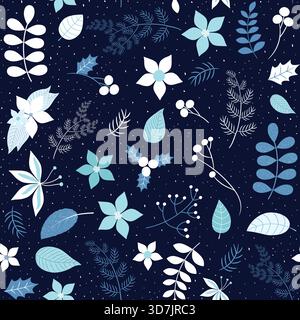Winter vector seamless pattern with foliage in blue and white on dark background with snow texture for Christmas backgrounds, greeting cards and wrapp Stock Vector