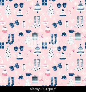 Fun vector seamless pattern with Christmas  and winter clothes in pink, white and blue colors Stock Vector