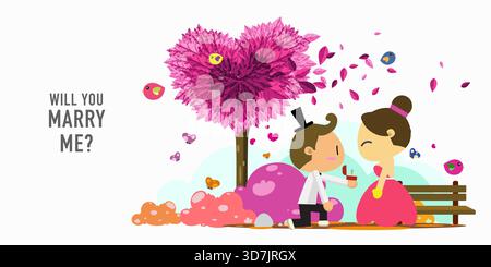 Cute vector illustration of a man proposing to his girlfriend under a heart-shaped tree with birds and flowers, perfect for wedding, love, and Valenti Stock Vector