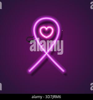 Neon style heart-shaped cancer ribbon on purple background symbolizing awareness, hope, and support for World Cancer Day campaigns and healthcare prom Stock Vector