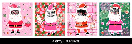 Funny and cute vector set with Santa Claus Christmas cats, Halftone party kitty collage greeting cards and posters Stock Vector