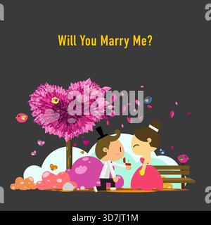 Adorable romantic proposal illustration of a man kneeling with a ring to his partner under a heart-shaped tree, perfect for Valentine, wedding and lov Stock Vector