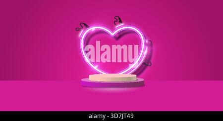 A glowing pink neon heart frame displayed above a 3D round podium on a vibrant magenta background. This romantic and modern neon light design is perfe Stock Vector