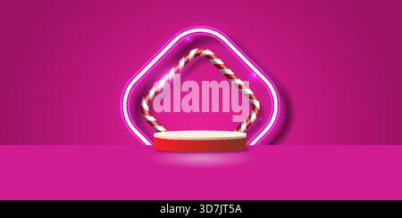 A modern 3D podium scene featuring a glowing pink neon frame combined with a striped candy cane shape on a vibrant background. This bright and festive Stock Vector