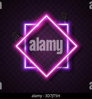 A glowing pink neon diamond frame layered over a purple neon square shape on a dark checkered background. This vibrant and futuristic neon border is p Stock Vector