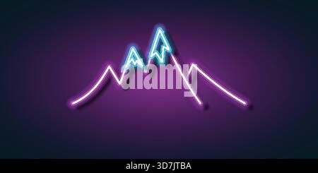 A glowing neon mountain outline with bright purple and cyan lights on a dark gradient background. This modern vector illustration captures a futuristi Stock Vector