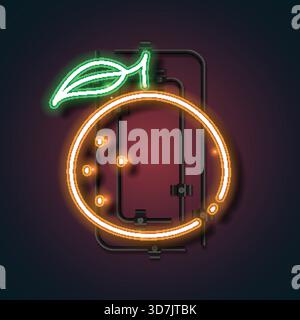 A bright and playful neon illustration of an orange fruit with a green leaf, glowing vividly against a dark background. This eye-catching vector art c Stock Vector