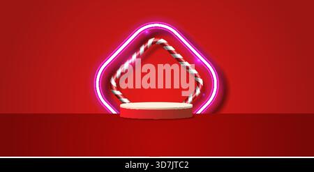 A festive Christmas-themed background featuring a glowing pink neon frame with a candy cane shape wrapped in red and white stripes. The vibrant red ba Stock Vector