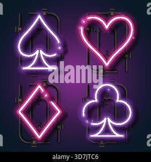 A vibrant neon-style illustration of four classic playing card suits: spade, heart, diamond, and club. Each symbol glows in pink and purple neon light Stock Vector