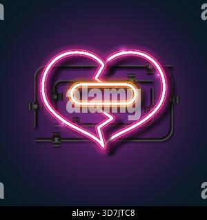 A glowing neon broken heart with a bright pink outline and yellow minus sign in the center, mounted on a dark wall background. This modern vector desi Stock Vector