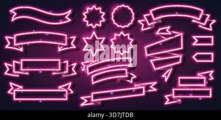 A glowing set of neon pink banners, ribbons, and badge frames on a dark background. This vector collection includes various shapes such as ribbons, st Stock Vector