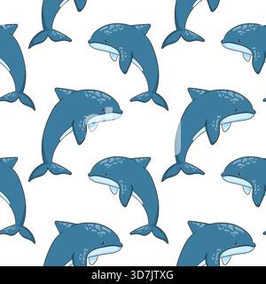 Dolphin seamless pattern in cartoon style. Design of a underwater mammal animal on a white background. Stock Vector