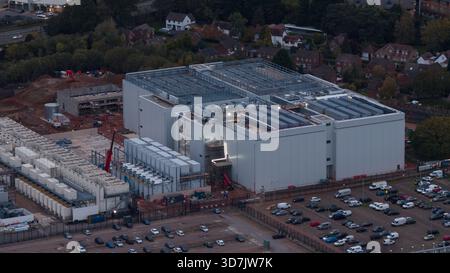 Cardiff, South Glamorgan, Wales, October, 30, 2025: Vantage Cardiff Data Center: Night Aerial View Stock Photo