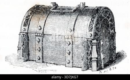 A coffer of the type used for keeping jewels or other precious items. This example was in the possession of Walter Long Esq. of Haseley in Oxfordshire, England. From one of a collection of woodcuts published in the 4th (enlarged) edition of A Glossary of Terms Used In Grecian, Roman, Italian and Gothic Architecture, which was published in 1845. In some cases the pages had some moderate foxing, which may be visible in my photographs. Stock Photo