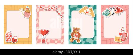 Groovy retro note sheets and cards in checkered and striped style with cute Valentines Day stickers such as heart jar, padlock key, cupcake, balloon, Stock Vector