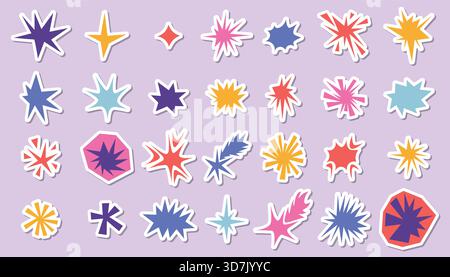 Set of irregular star and sparkle collage shapes stickers with rough edges and retro feel. Colorful cut paper starburst elements ideal for sticker, sc Stock Vector