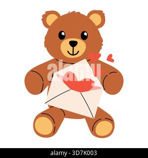 Cute teddy bear holding a Valentines note with small hearts around. Soft cartoon style perfect for love cards, stickers, kids designs and sweet holida Stock Vector