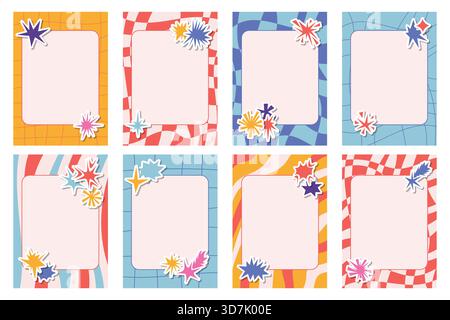 Set of retro checkered and striped note sheets, cards with frames and with stickers of irregular star and sparkle collage shapes. Bold angular style a Stock Vector