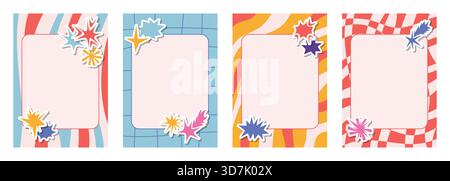 Retro note sheets and cards with checkered and striped patterns paired with irregular star and sparkle collage stickers. Sharp angular elements bring Stock Vector