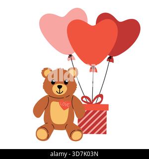 Adorable smiling teddy bear with heart, gift box and heart balloons in soft cartoon flat style. Ideal for Valentines Day cards, stickers, scrapbook el Stock Vector