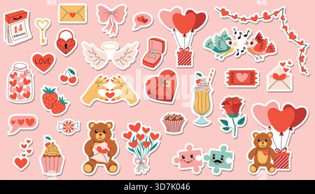 Set of cartoon stickers for happy Valentines Day with hearts, angel wings, gifts, teddy bears, roses, birds, candies, cupcake, milk cocktail and ballo Stock Vector