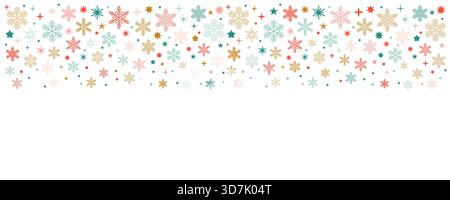 Merry Christmas horizontal border with snowflakes, stars and dots in red, gold and green. Flat cartoon style on white background, perfect for cards, b Stock Vector