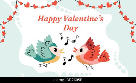 Happy Valentines Day horizontal card with organic halftone frame, greeting text, heart garland and a cute couple of singing birds. Soft flat cartoon s Stock Vector