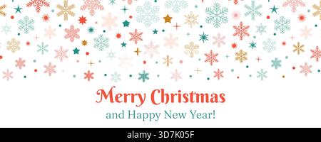Merry Christmas horizontal greeting card with festive text and falling snowflake, star and dot elements in red, gold and green. Bright flat cartoon st Stock Vector