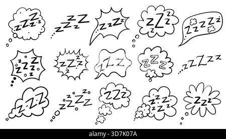 Set of Zzzz sounds in comic conversation bubbles, representing sleep and snore sounds. Hand-drawn doodle style with Z letters in clouds. Perfect for b Stock Vector