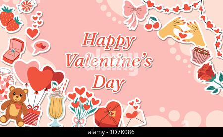 Happy Valentines Day horizontal card with organic shapes frame, festive text and cute stickers of hearts, gift, teddy bear, roses, candies, milk cockt Stock Vector