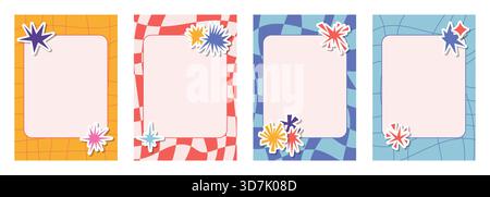 Set of retro checkered and striped note sheets and framed cards decorated with irregular star and sparkle collage stickers. Bold angular shapes create Stock Vector